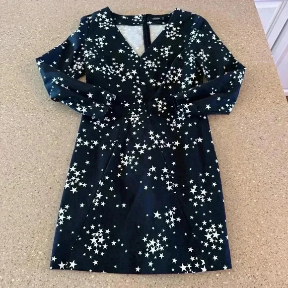 Kate Spade Saturday Dress Size 2 Black Star Print V Neck Mini Long Sleeve - Picture 3 of 10
